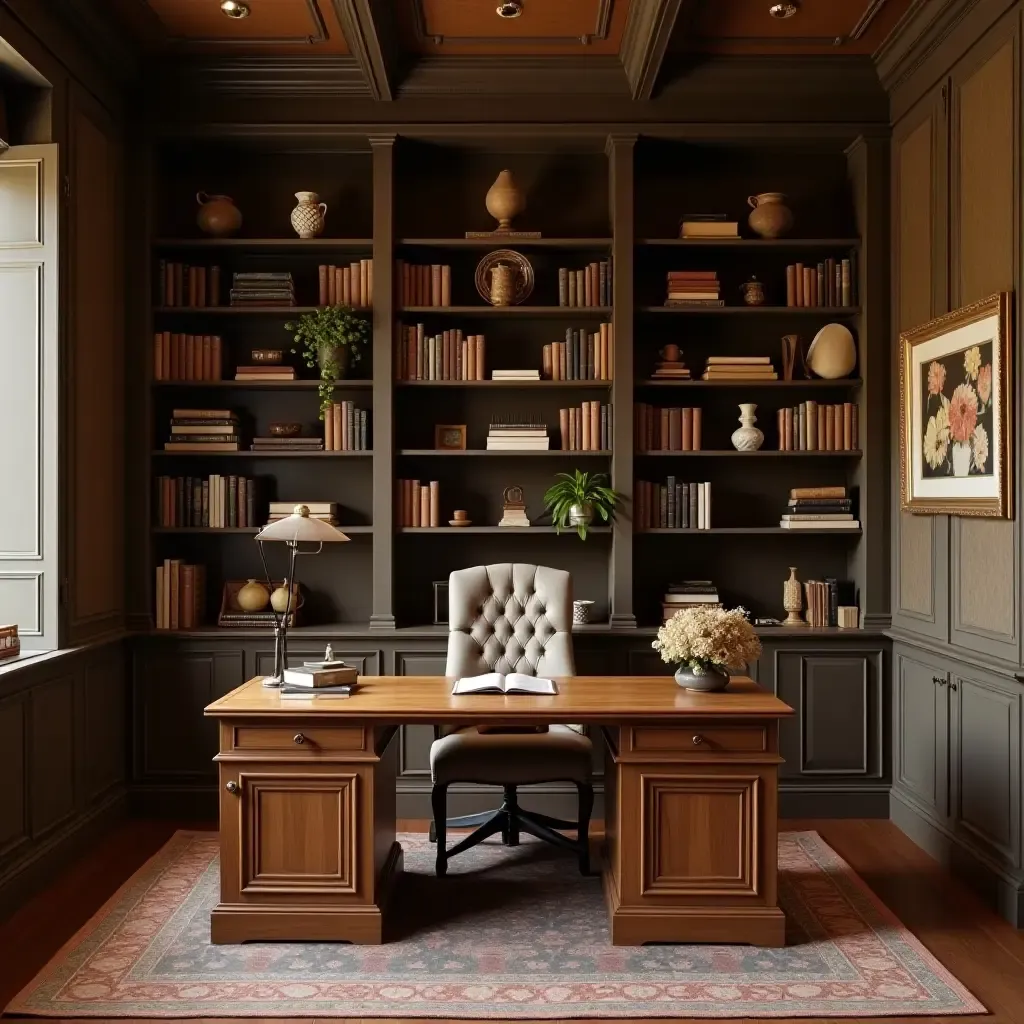 a photo of a library with a wooden writing desk and Mediterranean-style accessories