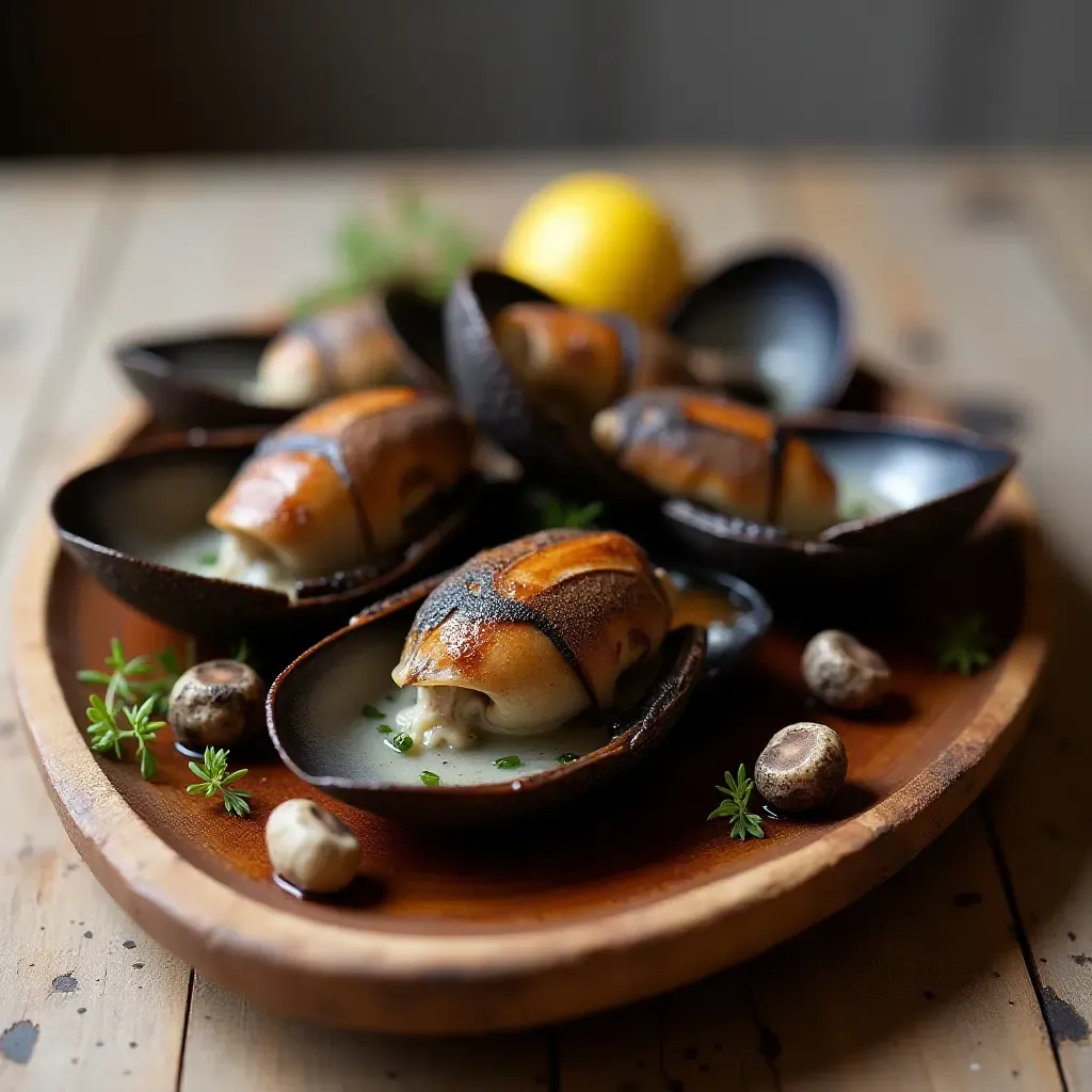 a photo of Percebes, Galician goose barnacles served fresh on a rustic wooden plate.