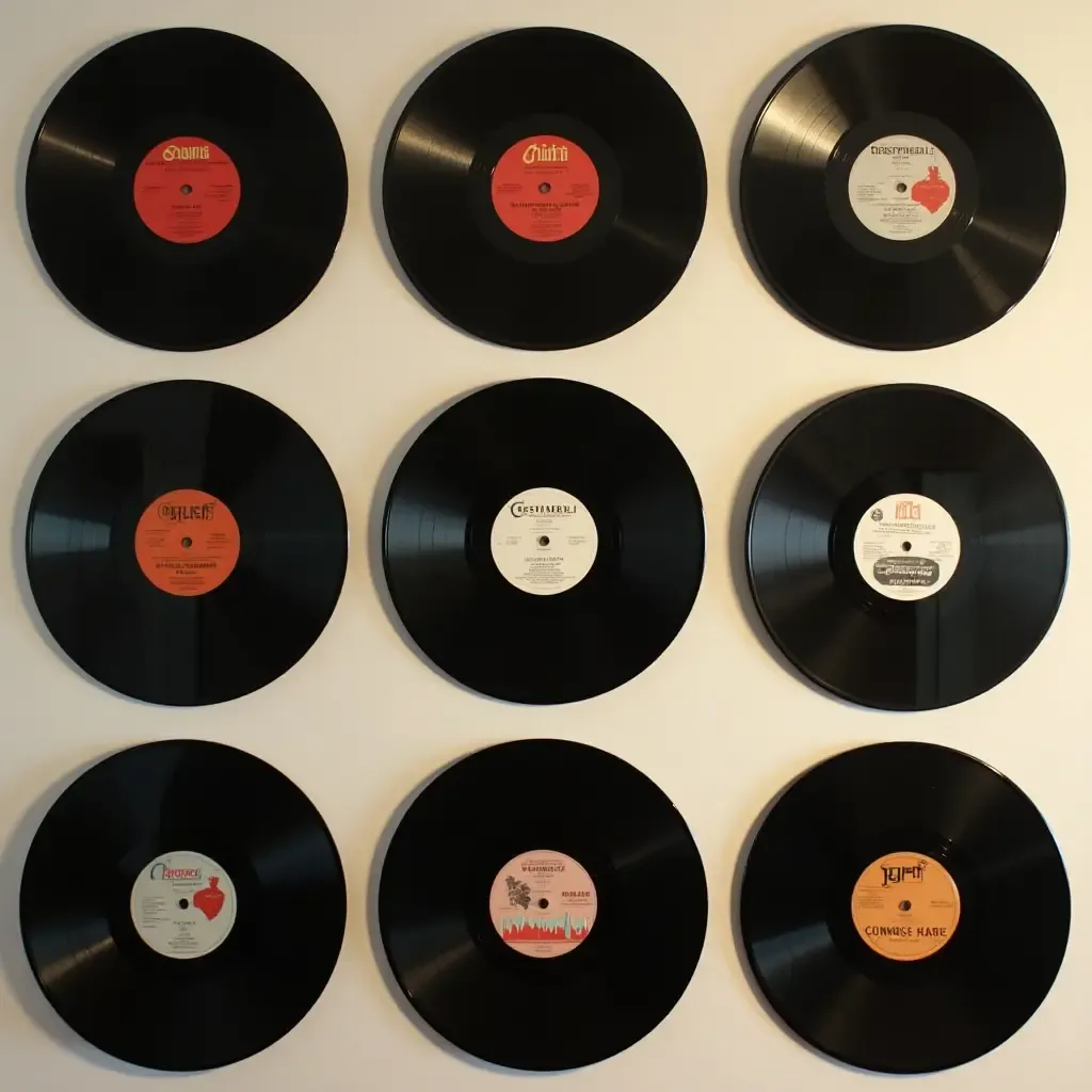 a photo of a collection of vinyl records displayed on the wall