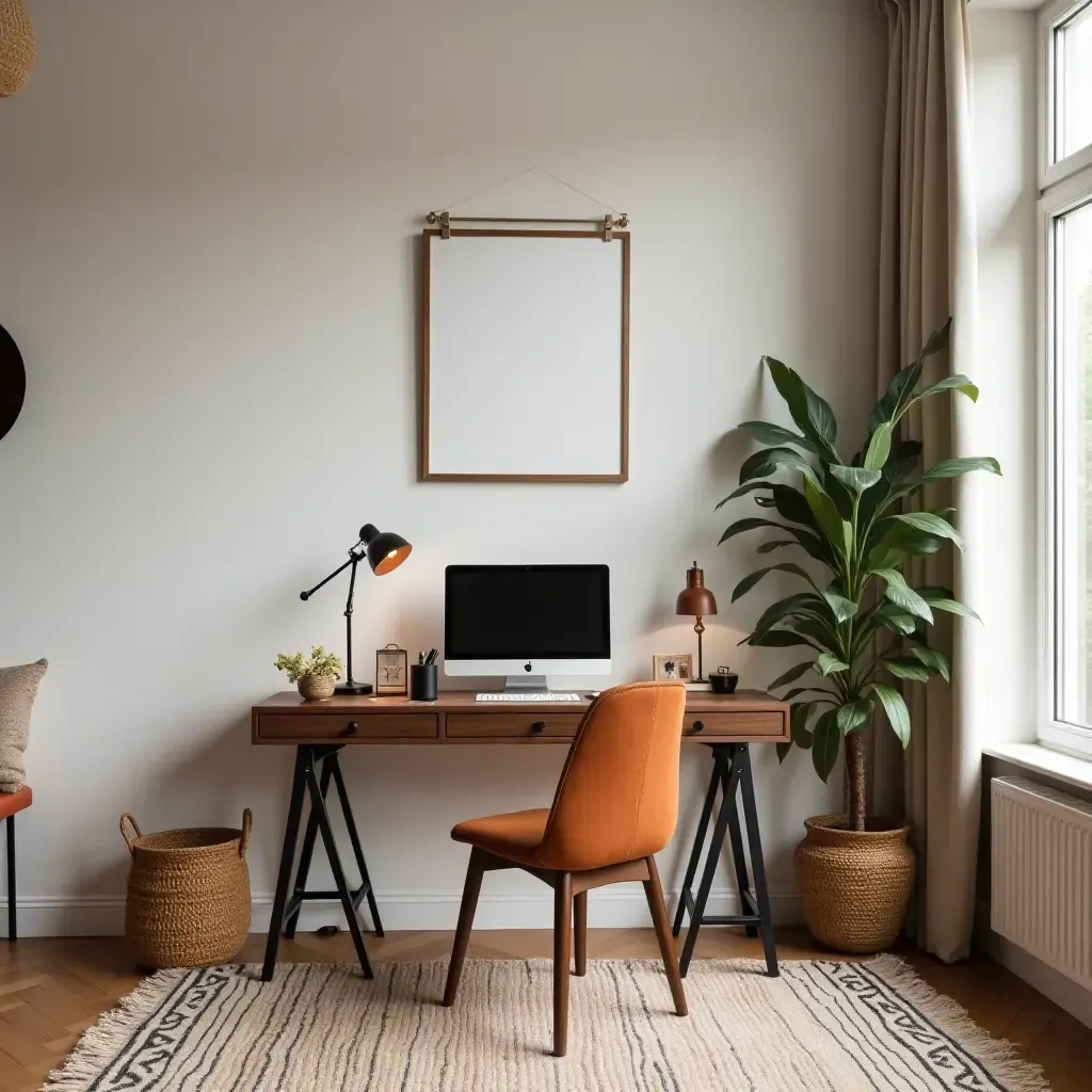 a photo of a bohemian-inspired workspace in a living room corner