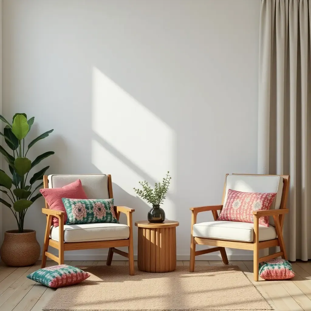 a photo of a living room featuring wooden chairs and colorful throw pillows