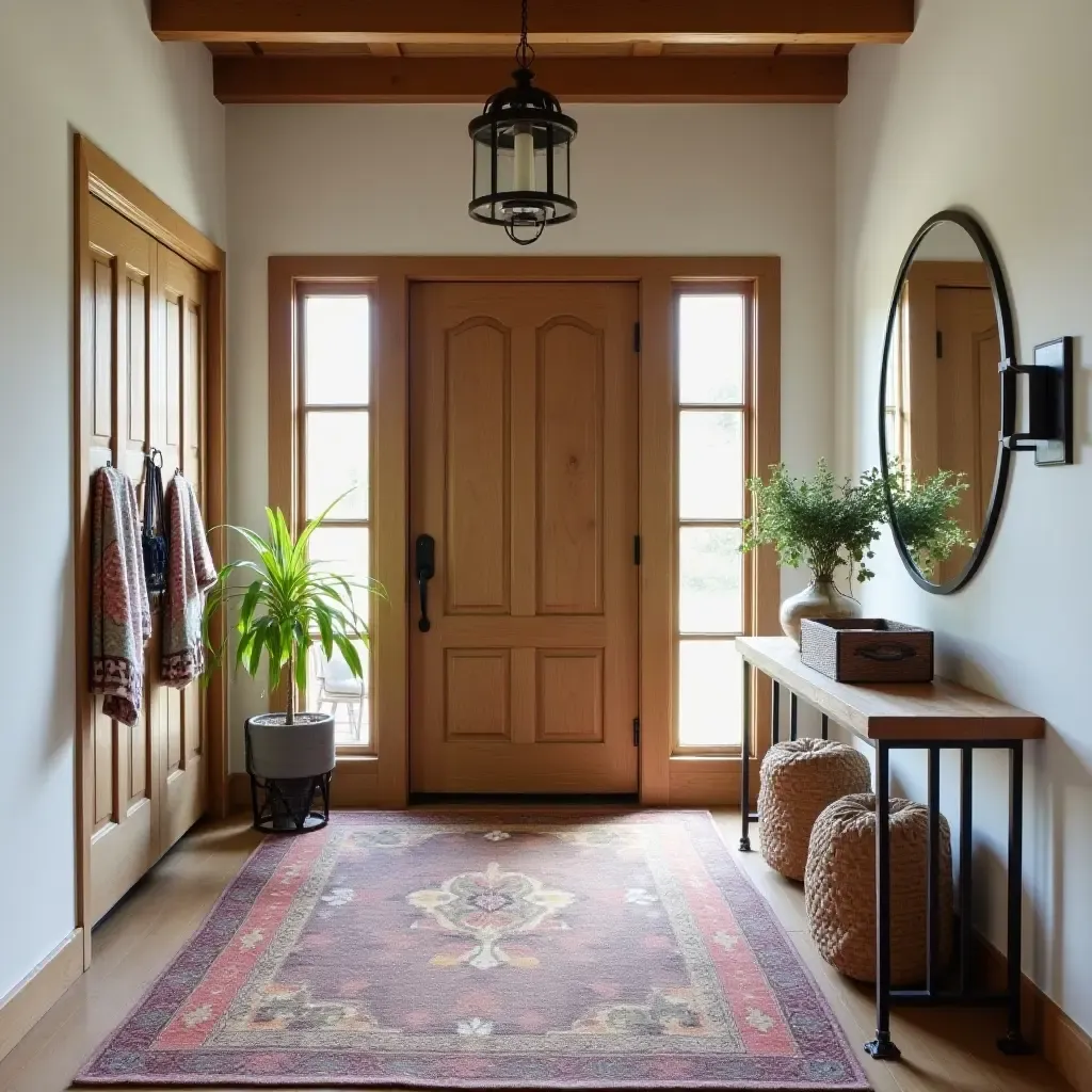 a photo of a bohemian entrance hall using eclectic fabric, natural wood, and vintage metal