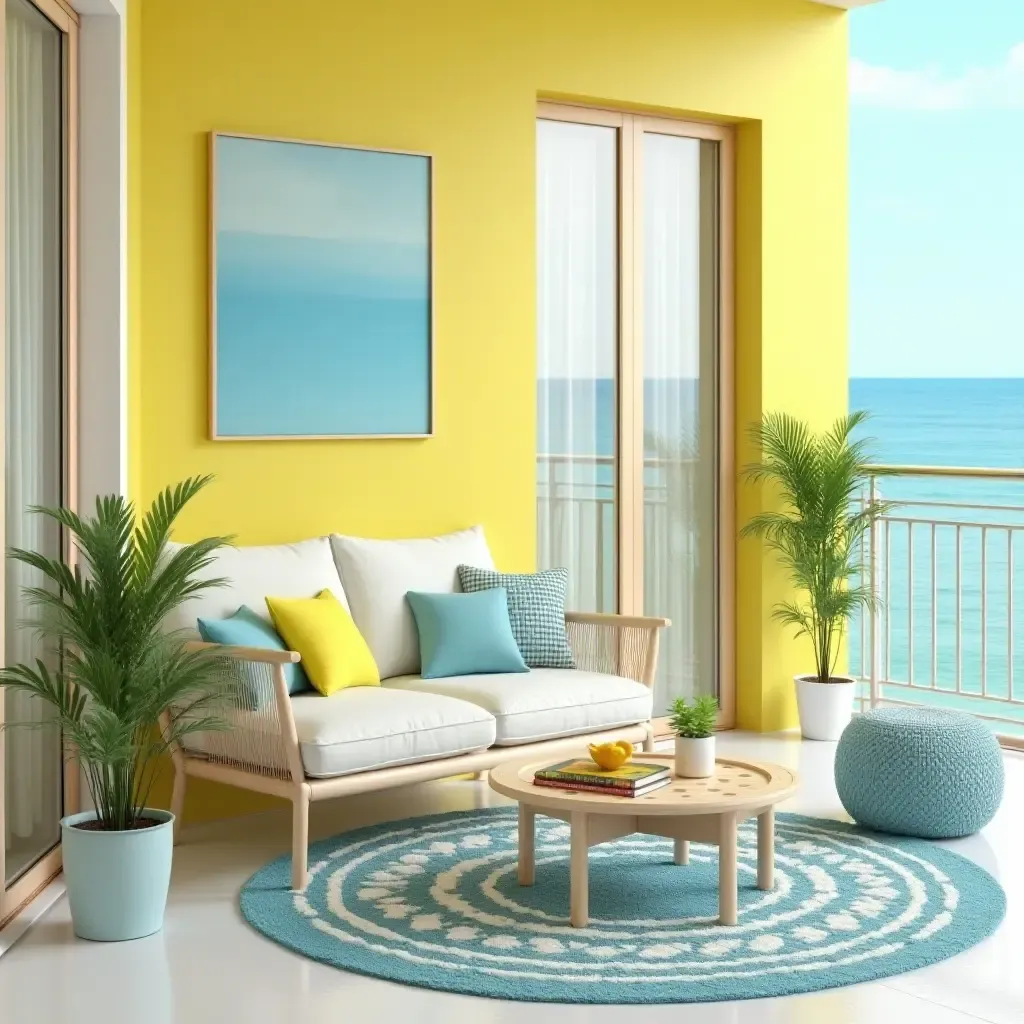 a photo of a balcony with cheerful lemon yellow and sky blue decor