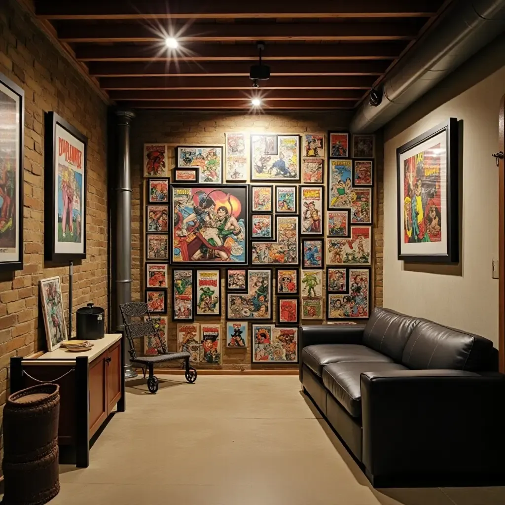 a photo of a basement wall with a collection of framed comic book covers