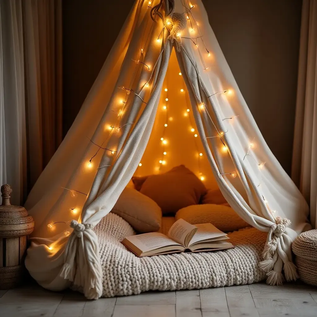 a photo of a reading nook with a cozy blanket fort and cushions