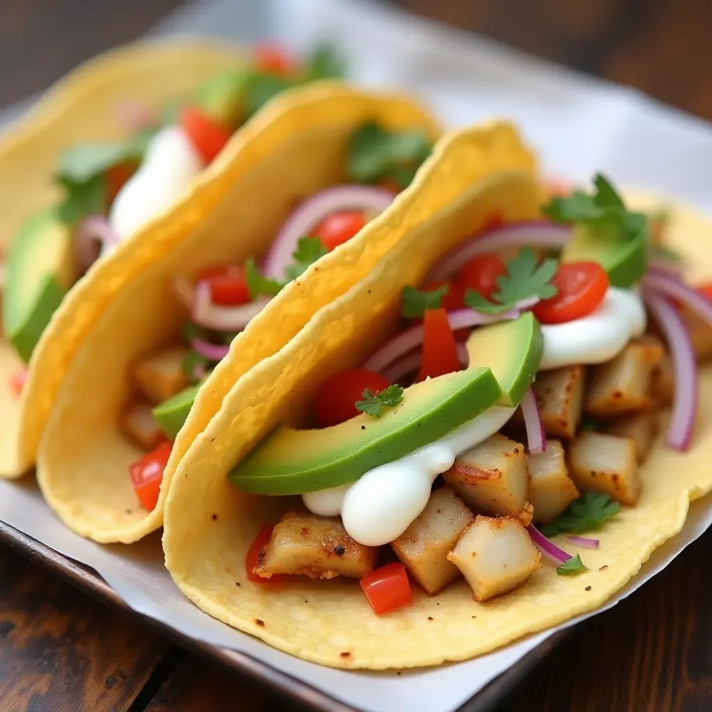 a photo of salted cod tacos with avocado crema, street food style, colorful toppings