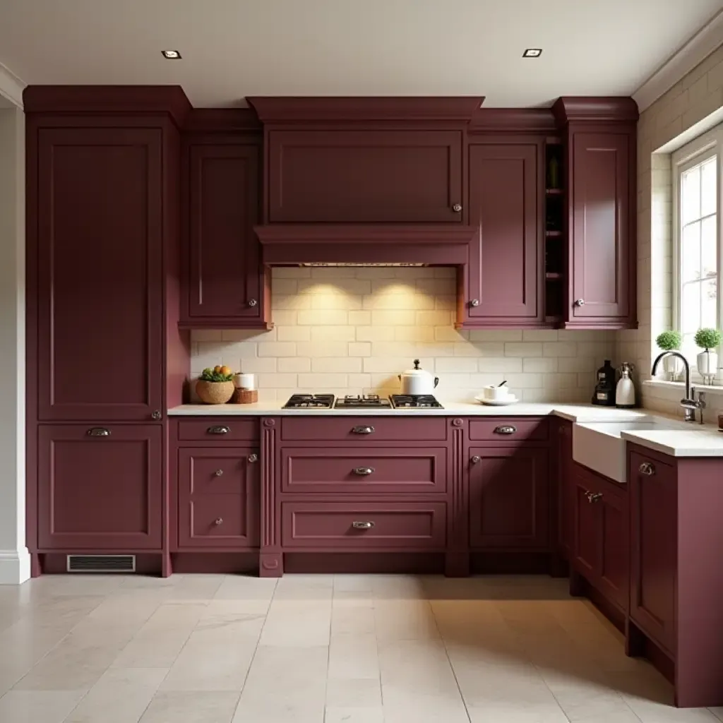 a photo of a deep burgundy and soft beige kitchen with classic finishes