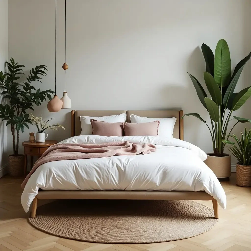 a photo of a sleek bed frame surrounded by bohemian plants and decor