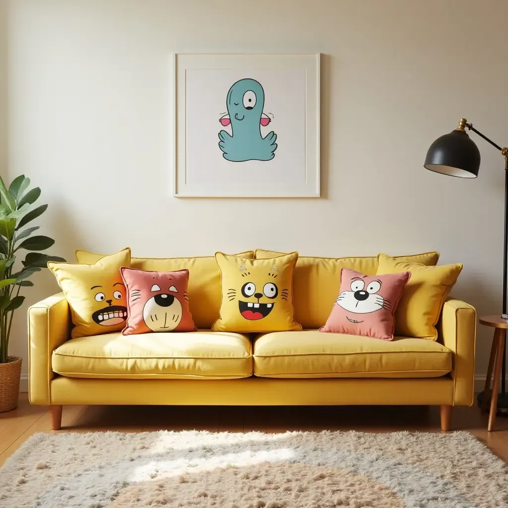 a photo of a playful living room with cartoon-themed throw pillows on a fun sofa