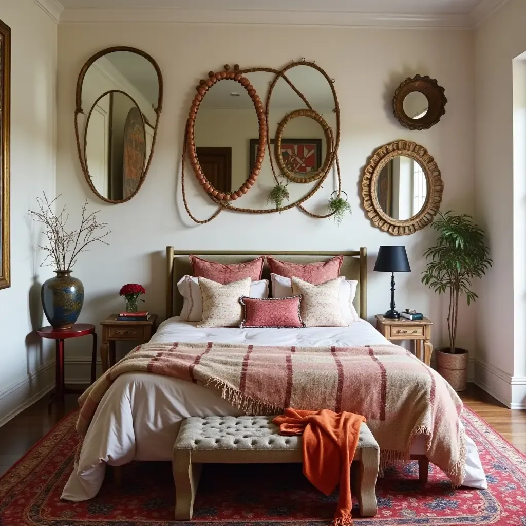 a photo of a bohemian bedroom with eclectic mirrors and bright textiles