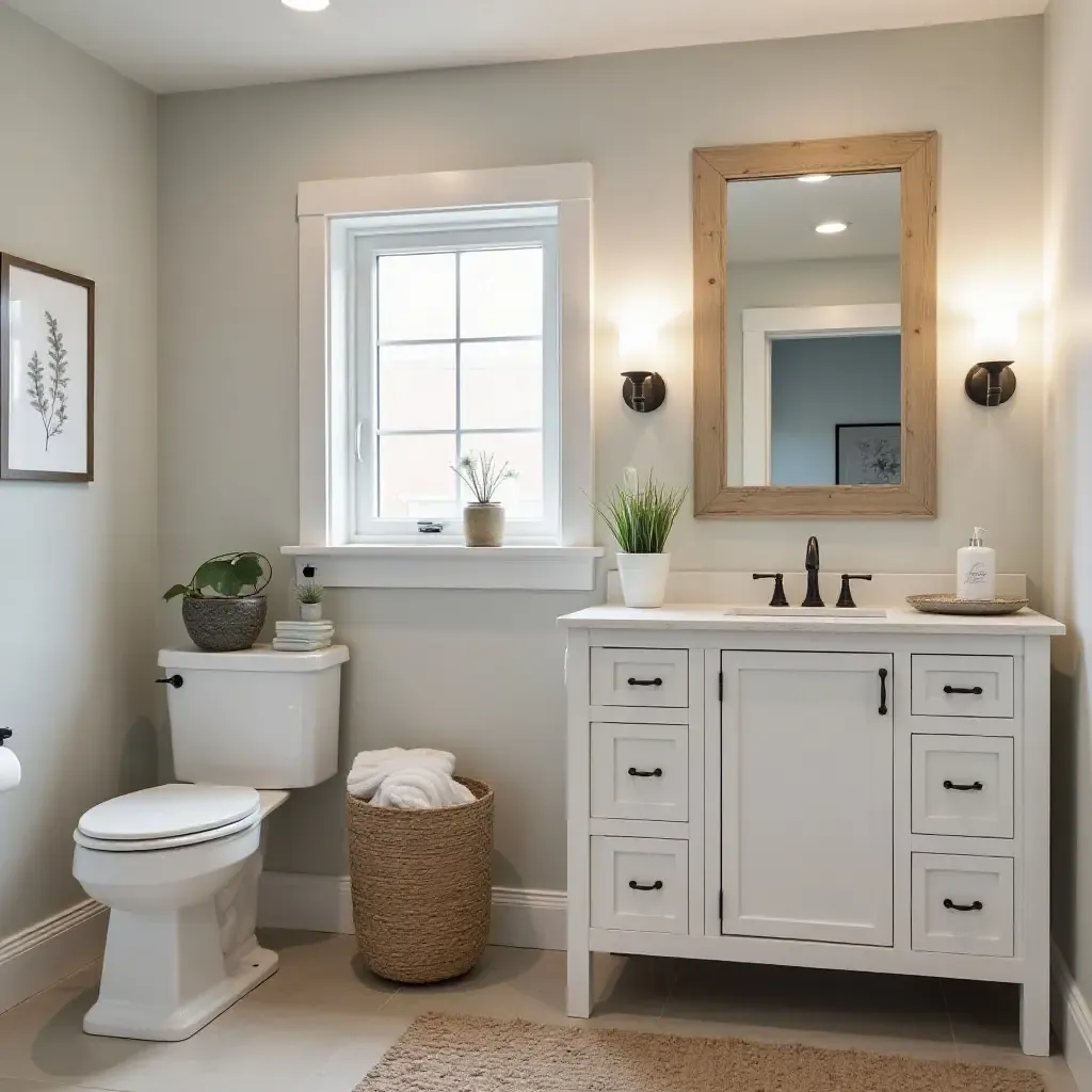 a photo of a basement bathroom with rustic farmhouse fixtures and decor