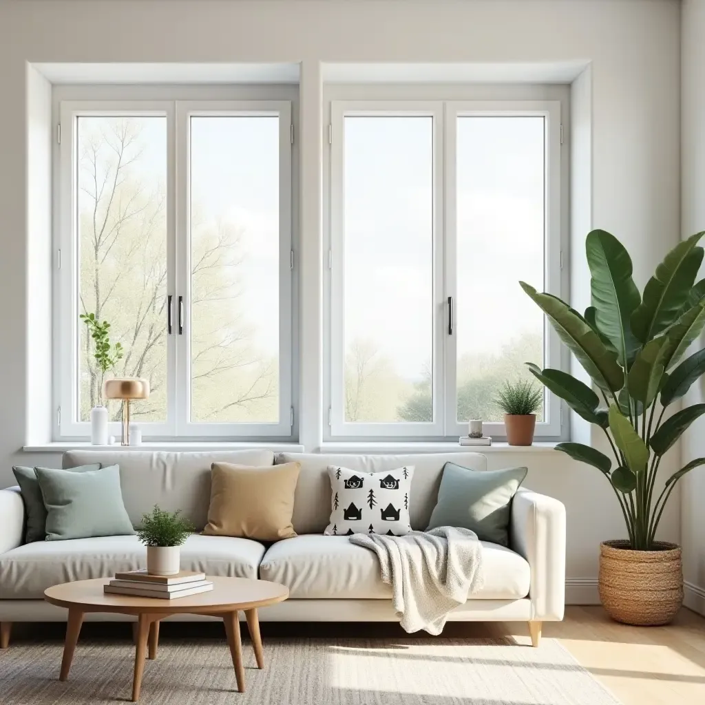 a photo of a bright and airy Scandinavian living room with a large indoor plant