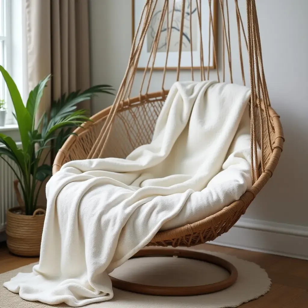 a photo of a chic hammock chair draped with soft blankets