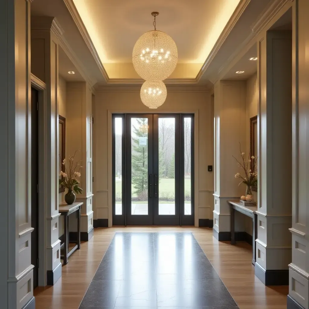 a photo of a sophisticated entrance hall with pendant lighting in pairs