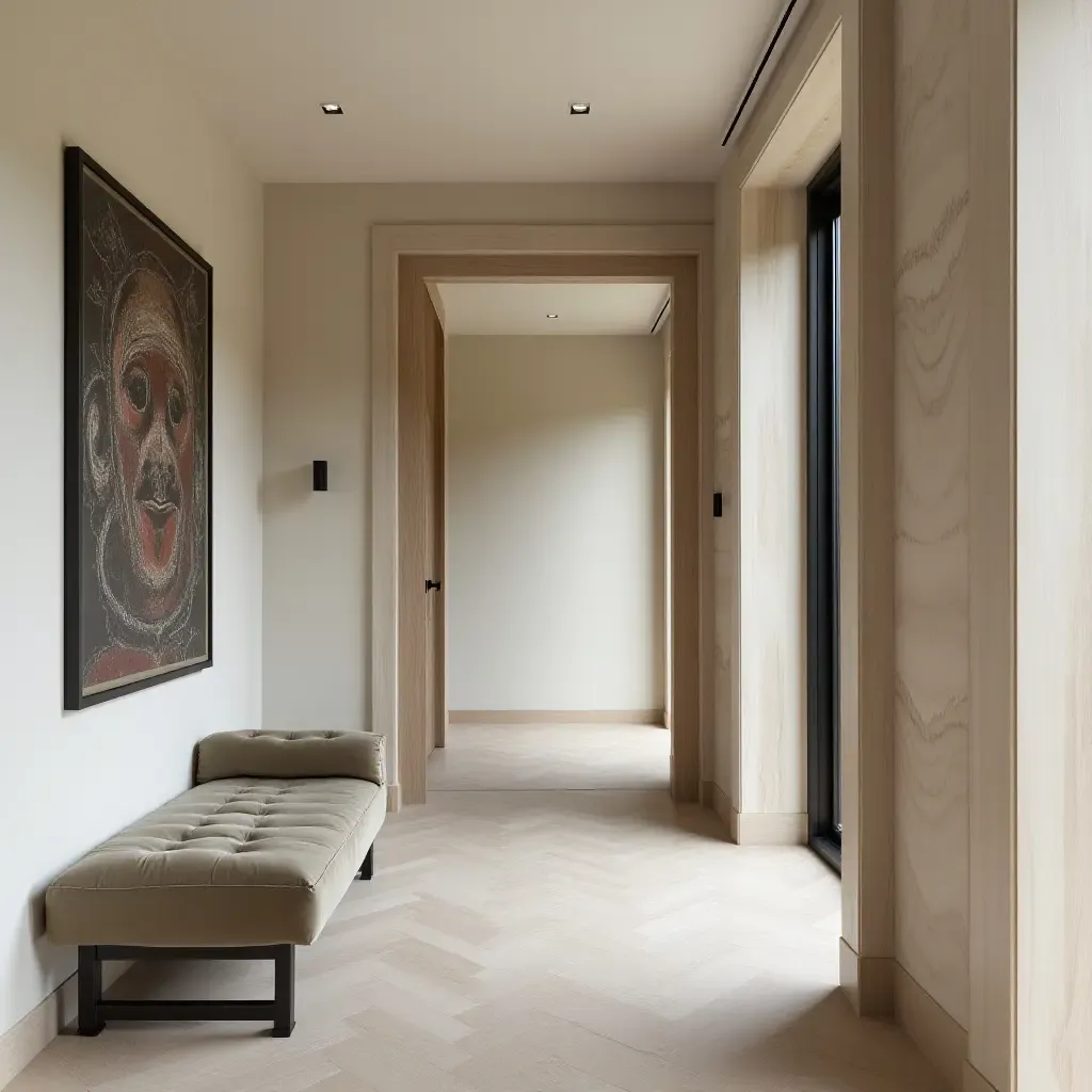 a photo of a stylish corridor featuring a chaise lounge and artwork