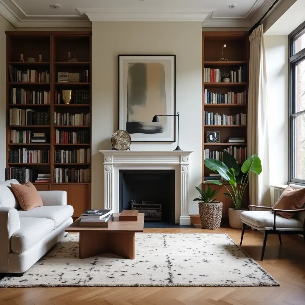 a photo of a chic library with a statement rug and modern art pieces