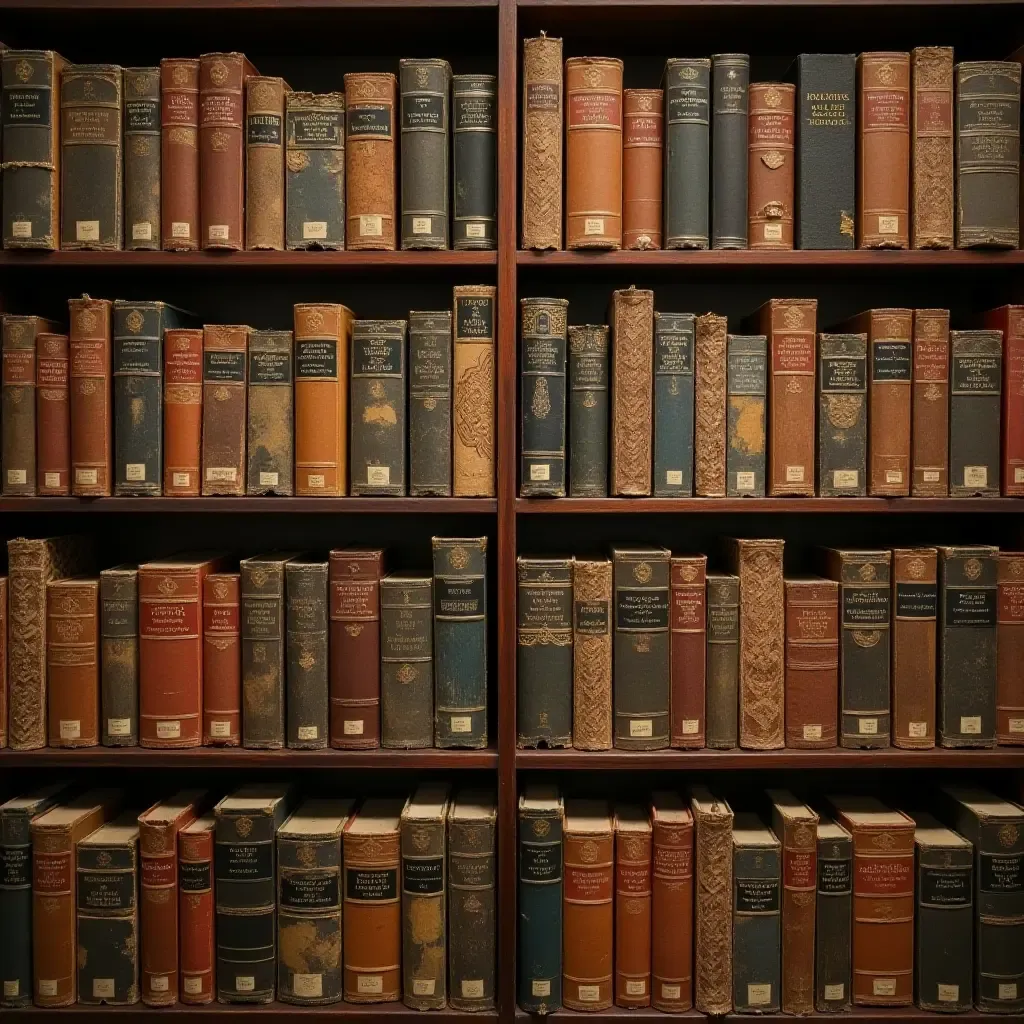 a photo of a library wall adorned with vintage book covers