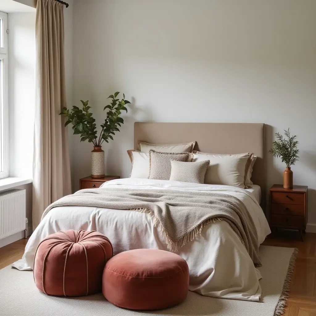 a photo of a bohemian bedroom style with velvet poufs, wooden accents, and linen textiles