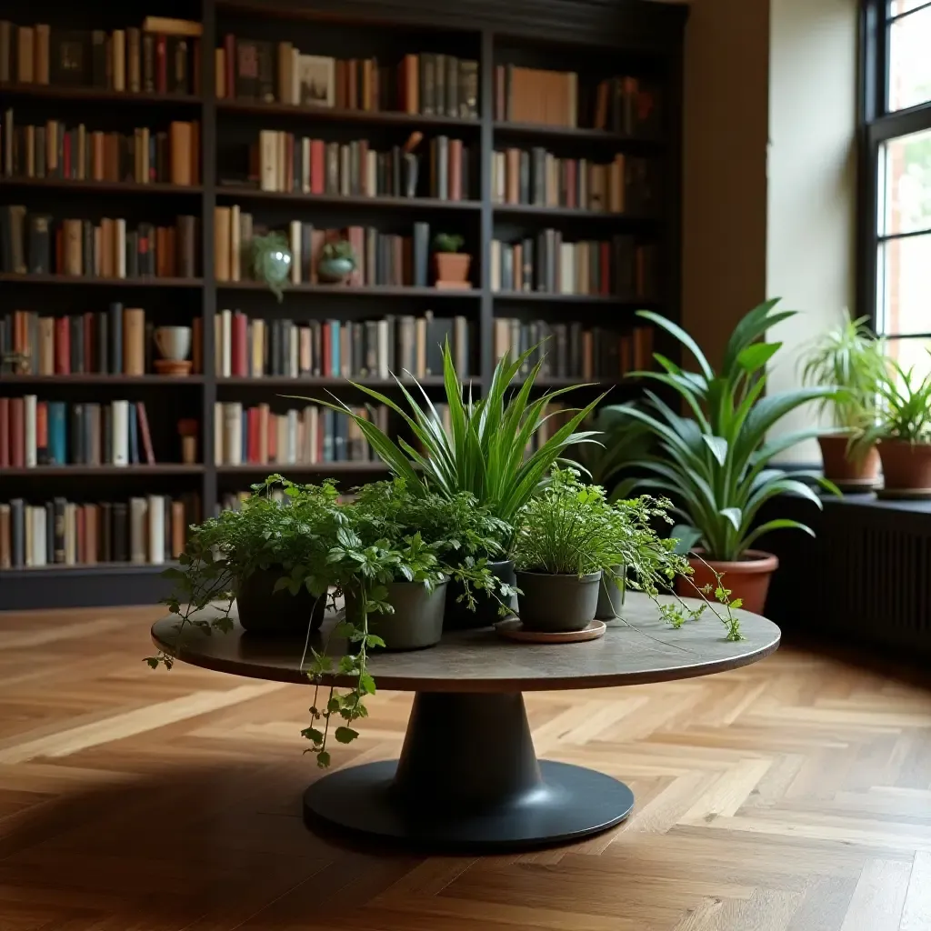 a photo of a library with a plant-filled coffee table