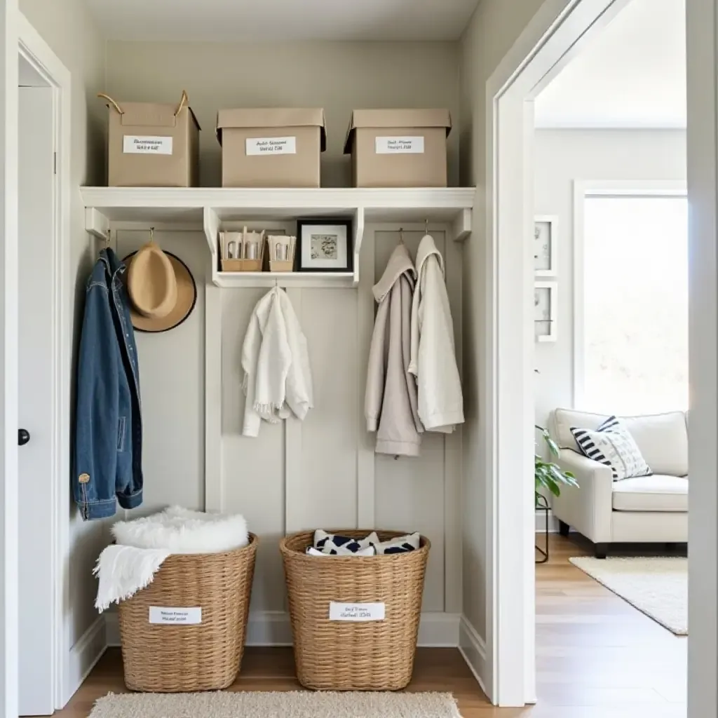 a photo of an organized hallway featuring labeled storage boxes and baskets