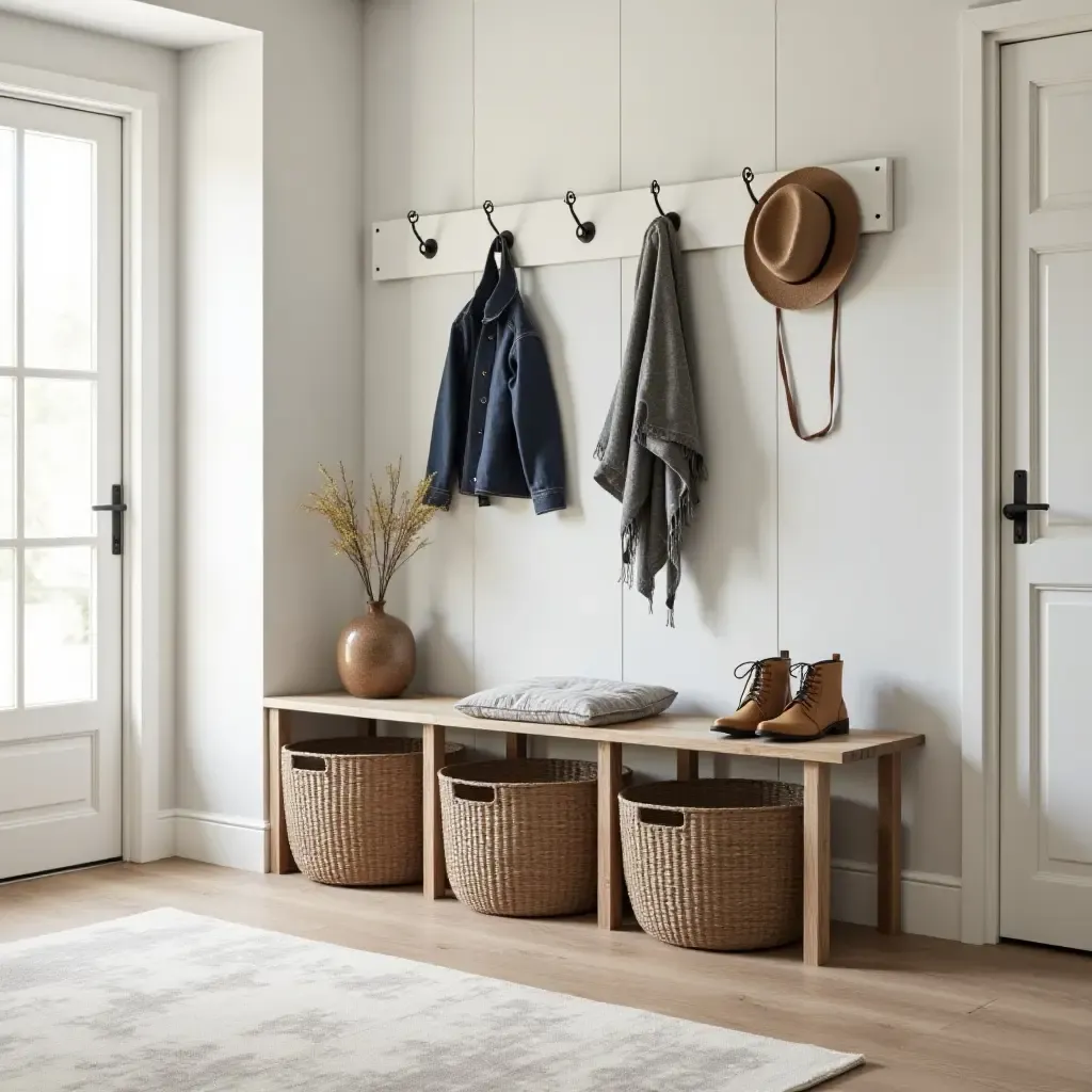 a photo of a functional entrance hall with baskets for shoes and outdoor gear