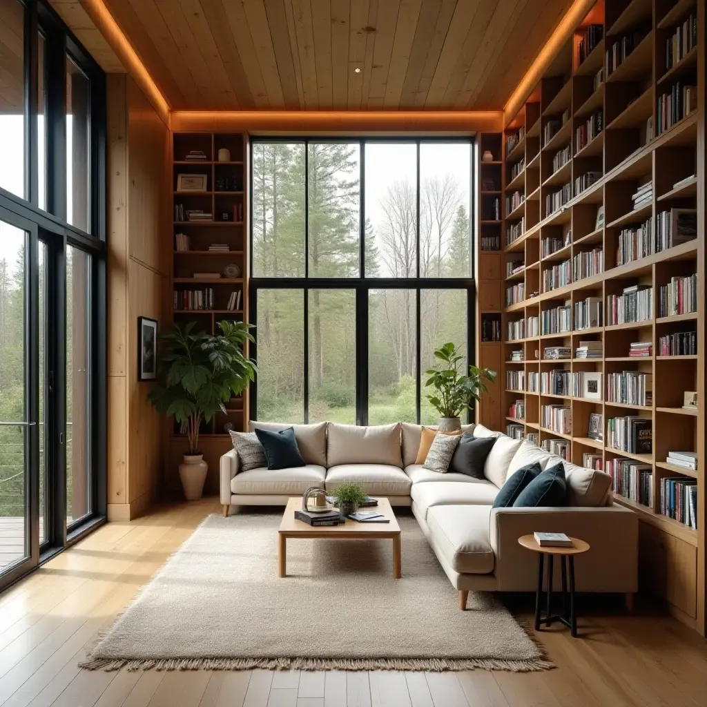 a photo of a Scandinavian-inspired library with large windows and natural light