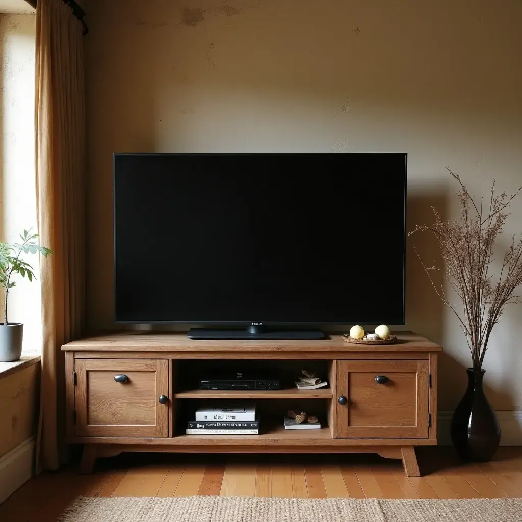 a photo of a rustic corner TV setup with vintage decor and warm tones