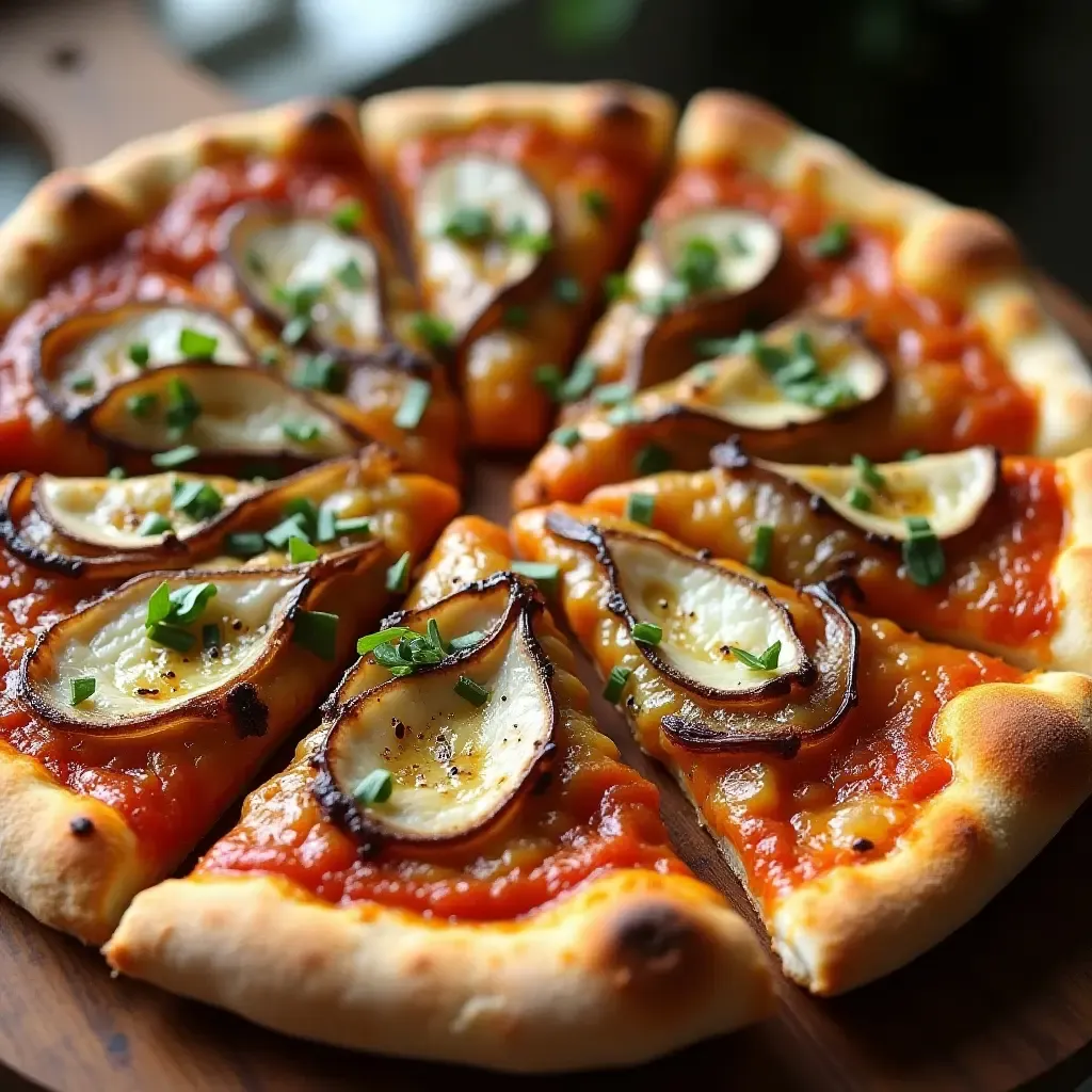 a photo of a pizza topped with black garlic, caramelized onions, and goat cheese