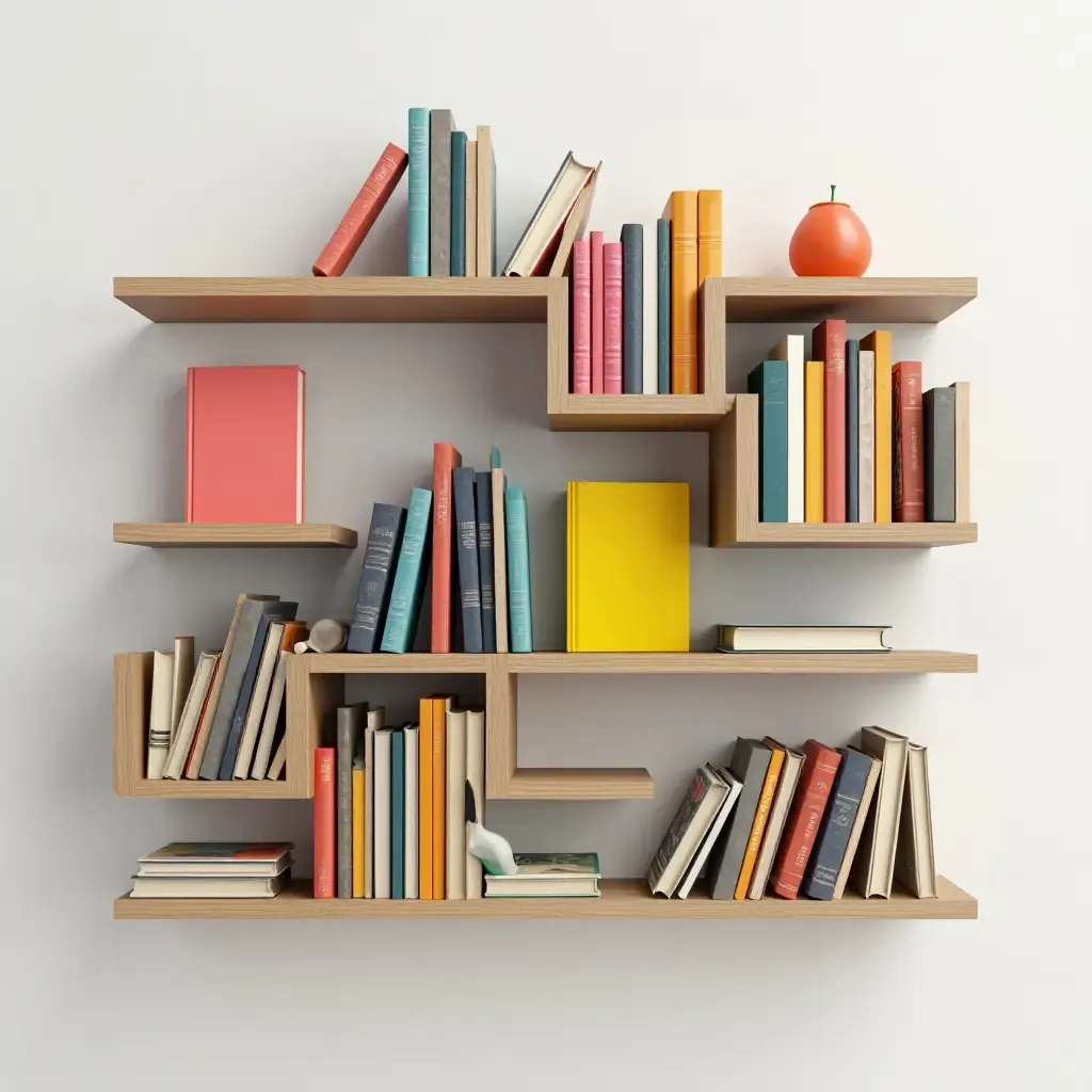 a photo of a floating bookshelf with geometric designs and vibrant book covers