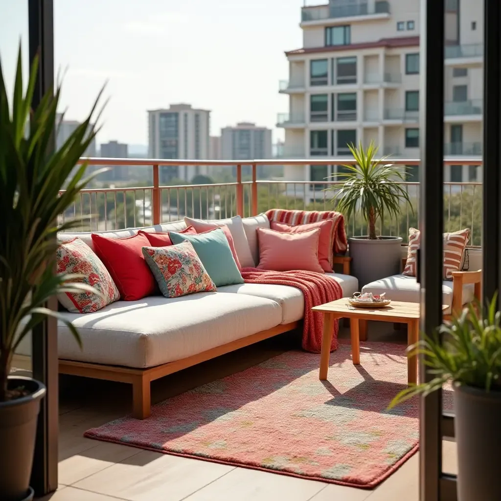 a photo of a balcony with colorful throw pillows and blankets