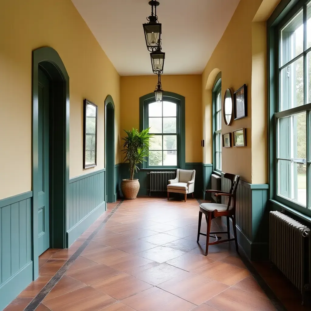 a photo of a vintage-inspired corridor with eclectic decor