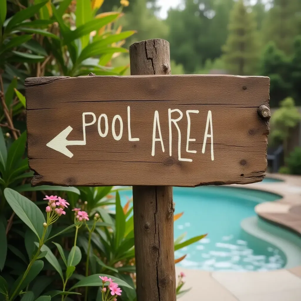 a photo of a rustic wooden sign pointing to the pool area