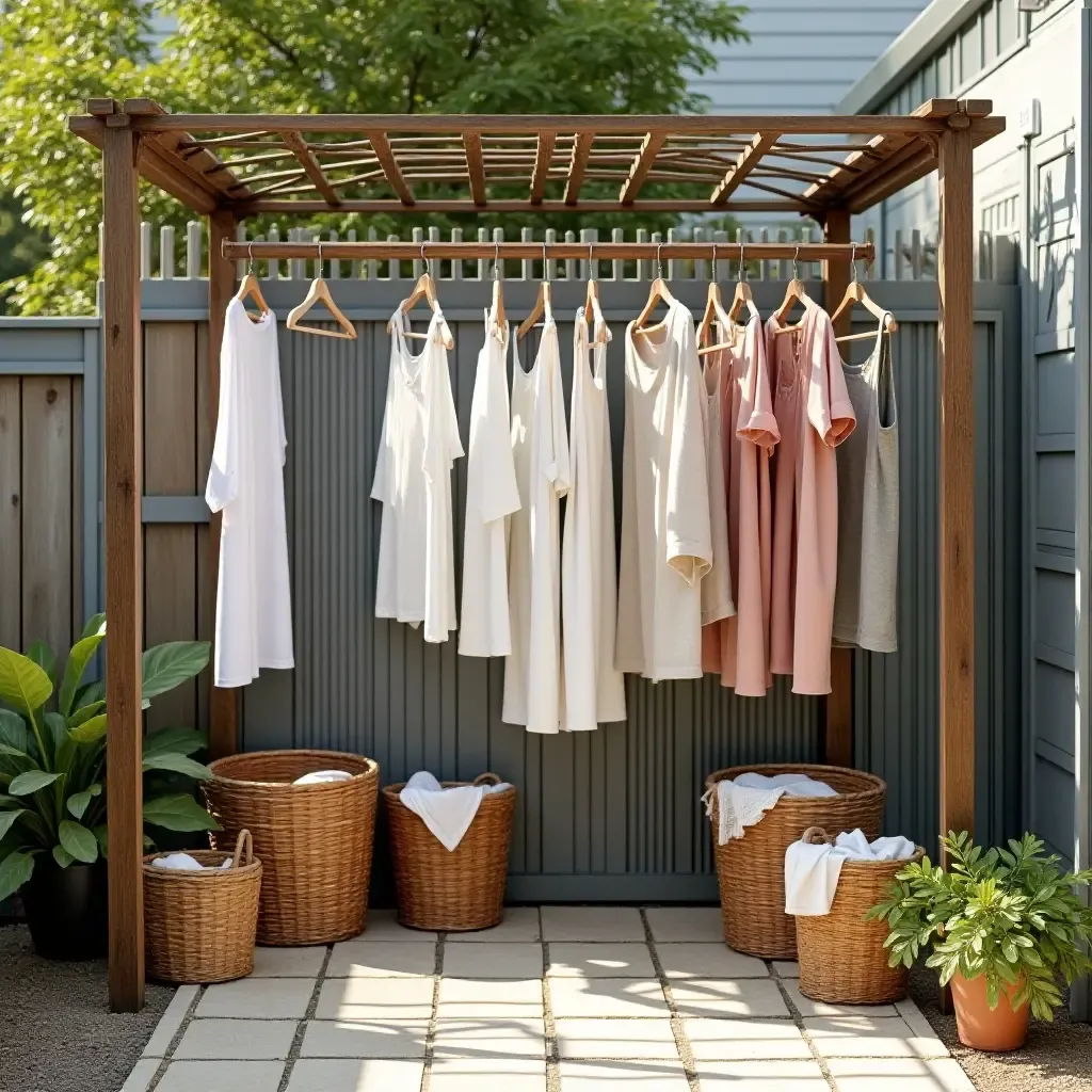 a photo of a chic outdoor laundry area featuring a rustic wooden drying rack and colorful baskets