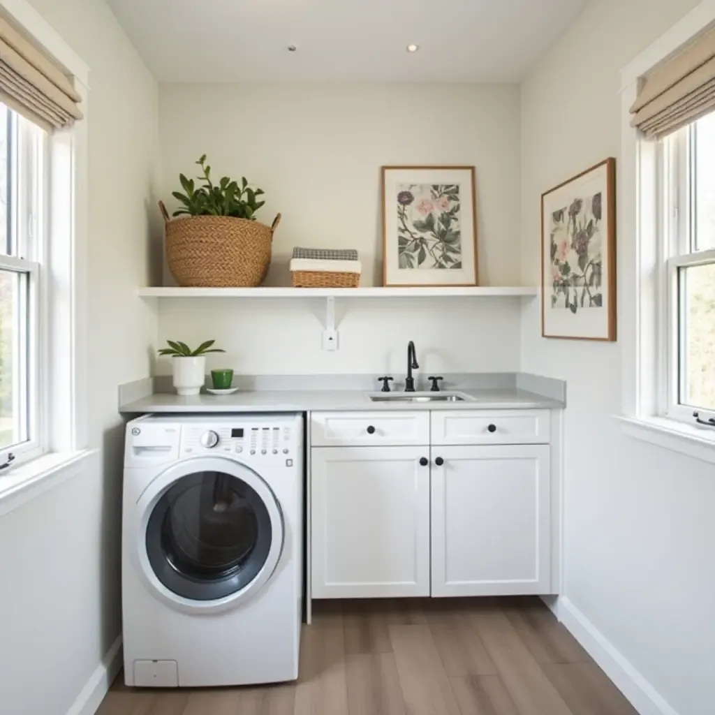 a photo of a laundry room with wall art to add personality