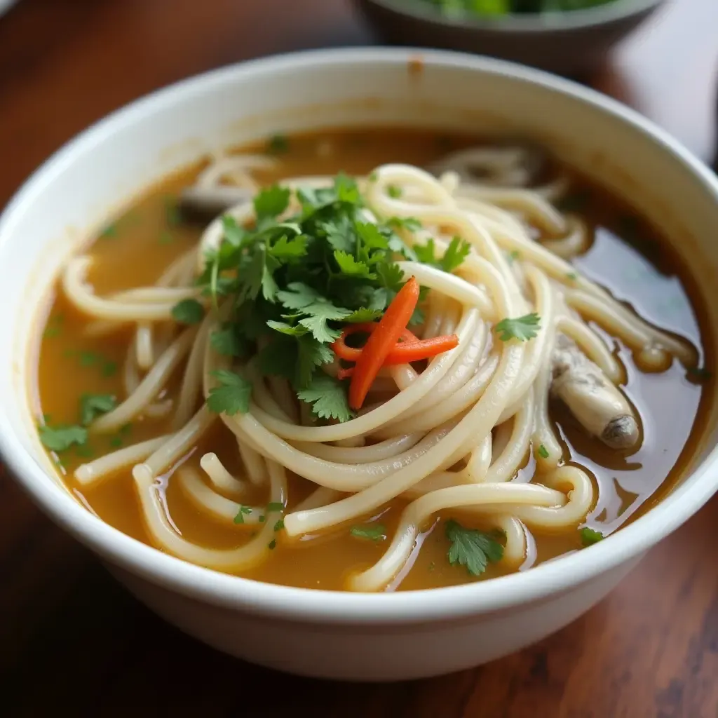 a photo of Bun Mam, a fermented fish noodle soup, garnished with herbs and vegetables.