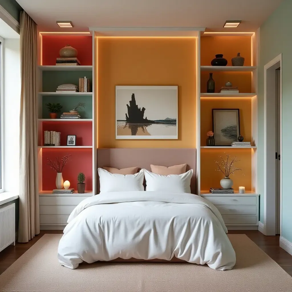 a photo of a colorful built-in bookcase with a vibrant accent wall