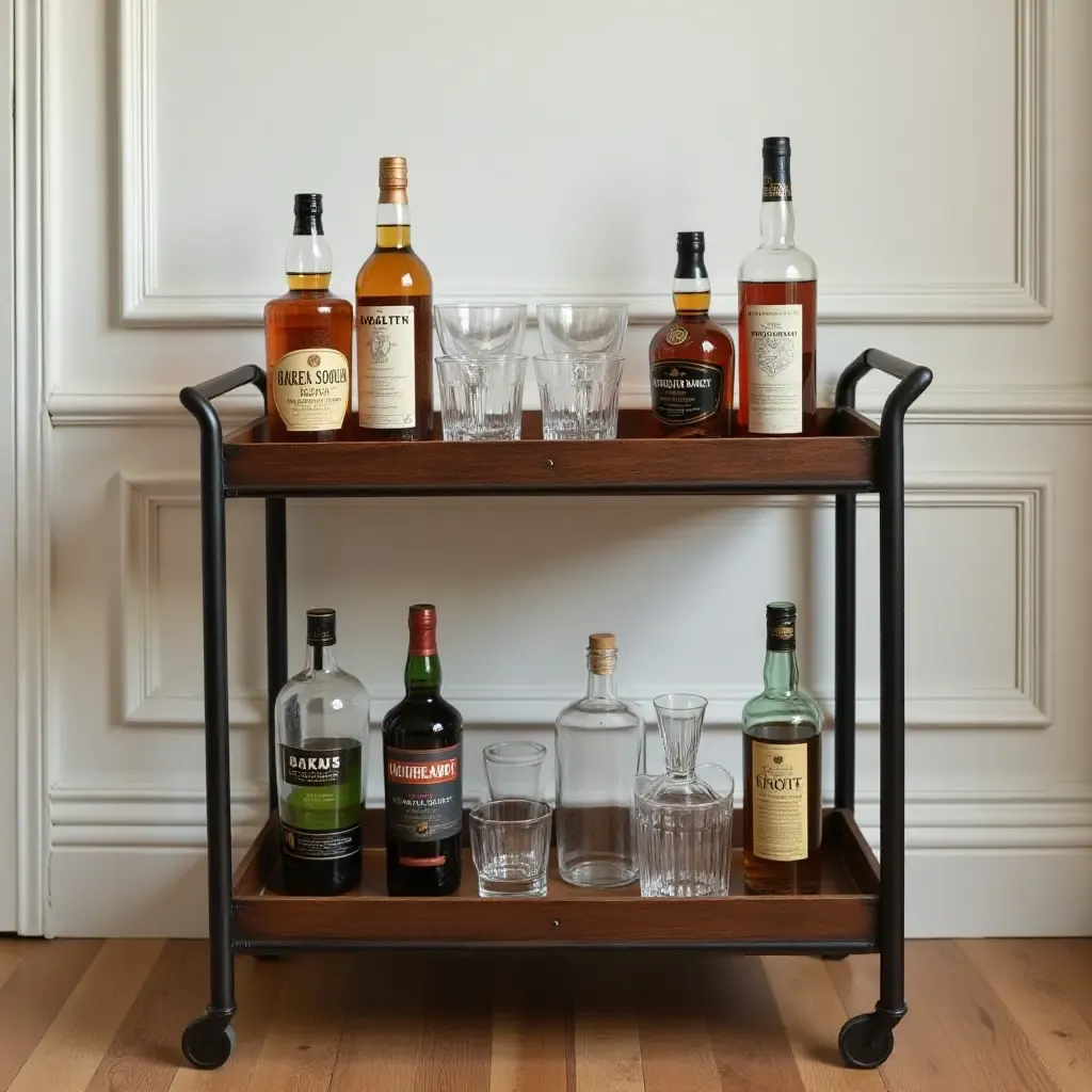 a photo of a vintage bar cart styled with whiskey bottles and glassware