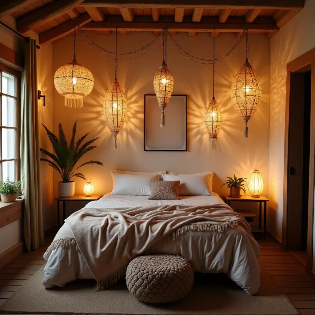 a photo of a whimsical bedroom with hanging lanterns and boho accessories