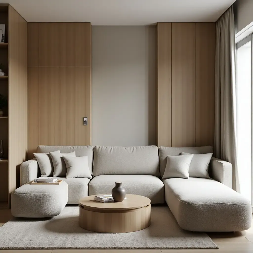 a photo of a small living room with modular furniture that adapts to different needs and occasions