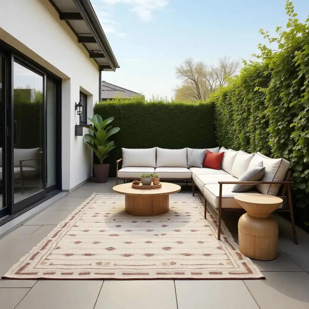 a photo of a large outdoor rug creating a defined seating area on a balcony