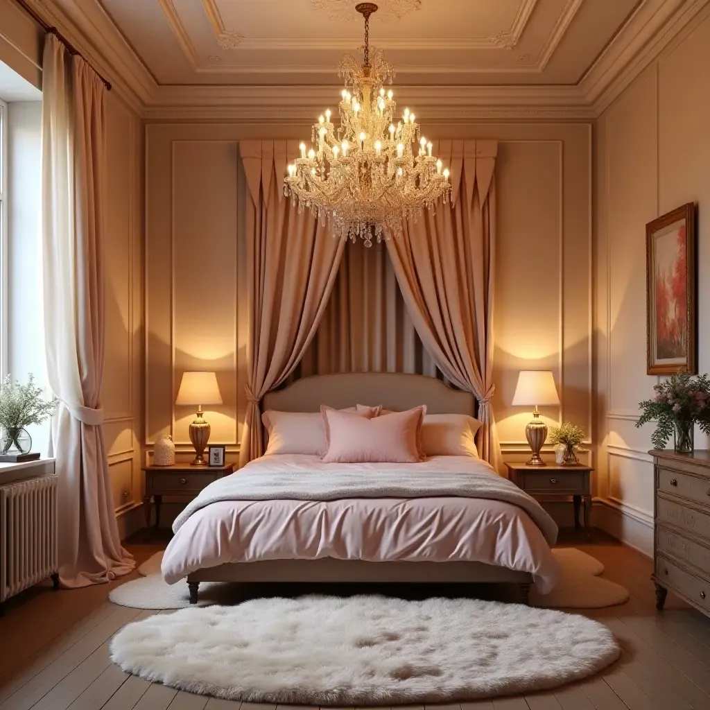 a photo of a whimsical bedroom with a sparkling chandelier and plush rugs