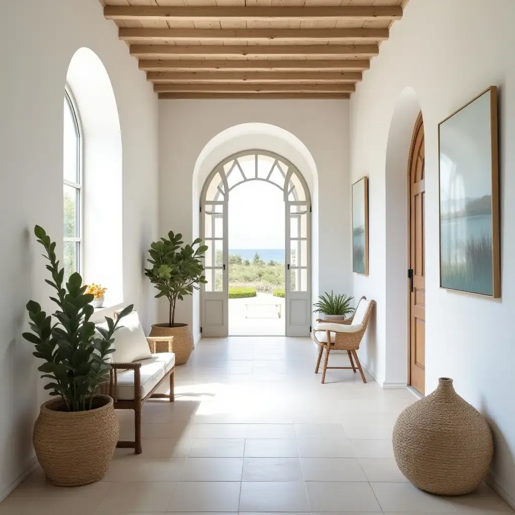 a photo of a corridor filled with coastal decor and Mediterranean vibes