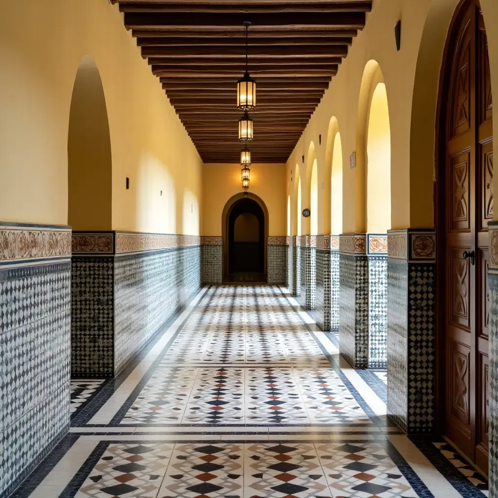 a photo of a corridor featuring hand-painted tiles and traditional Mediterranean patterns