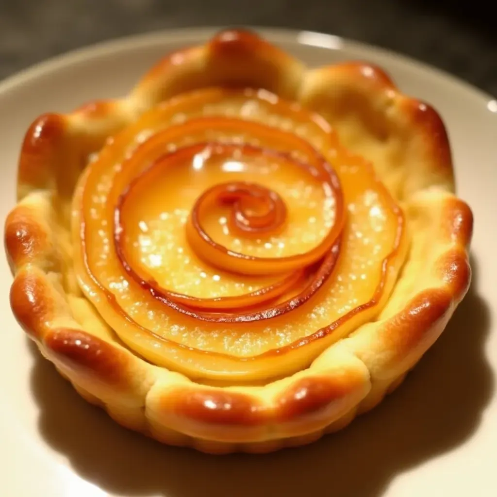 a photo of a flaky Normandy apple tart with caramel drizzle.