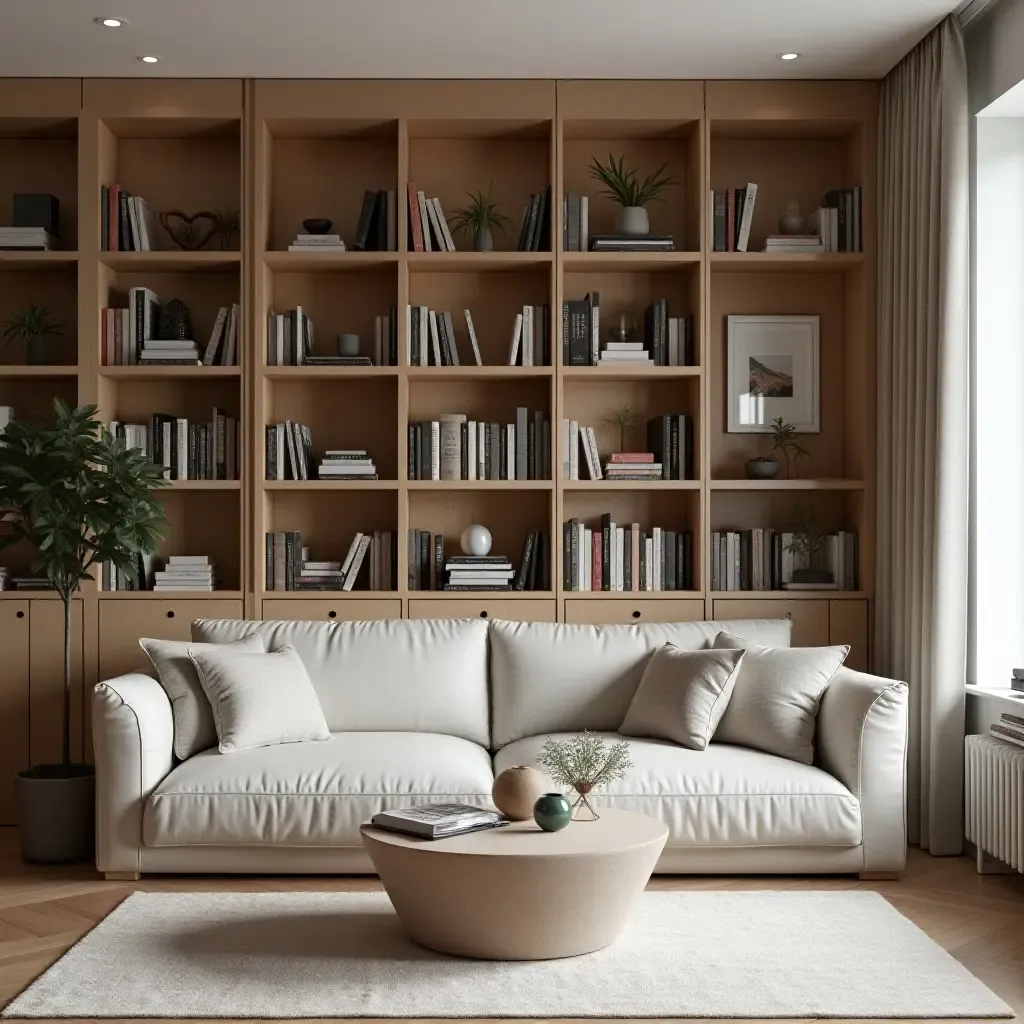 a photo of a peaceful library with a Scandinavian aesthetic and large bookshelves