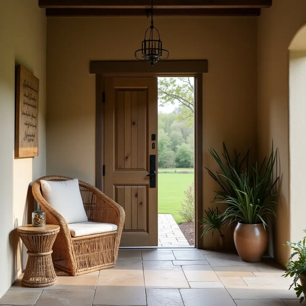 a photo of a rustic entrance with a wicker chair and a small side table