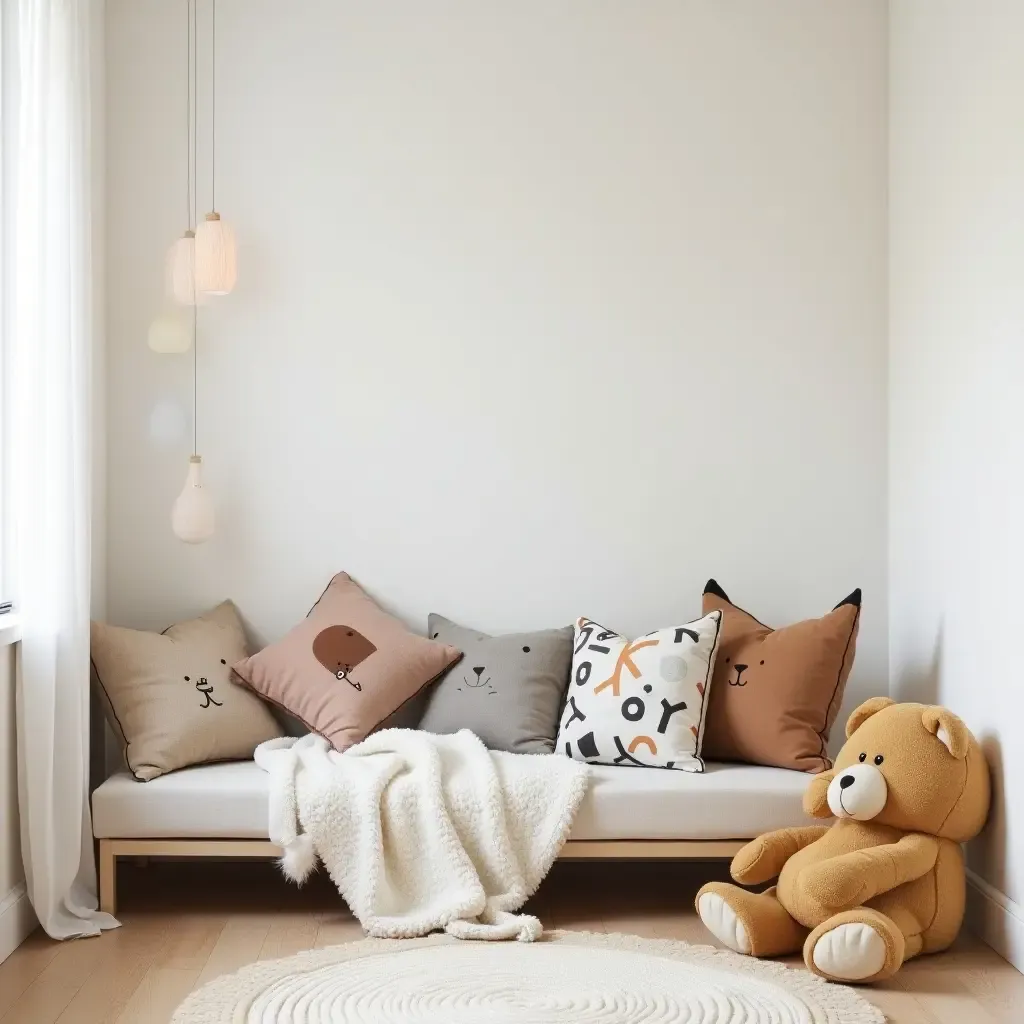 a photo of a nursery corner decorated with animal-themed cushions for reading