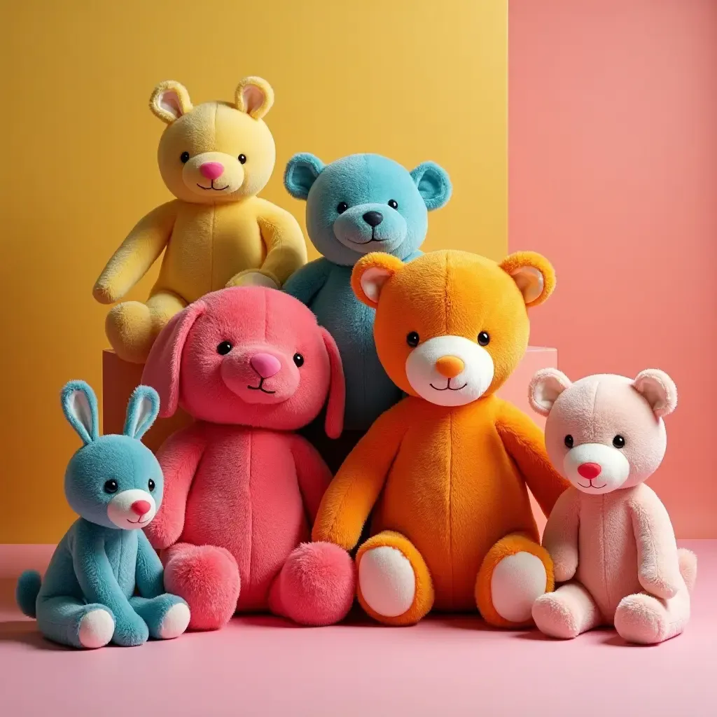 a photo of a vibrant, oversized stuffed animal collection