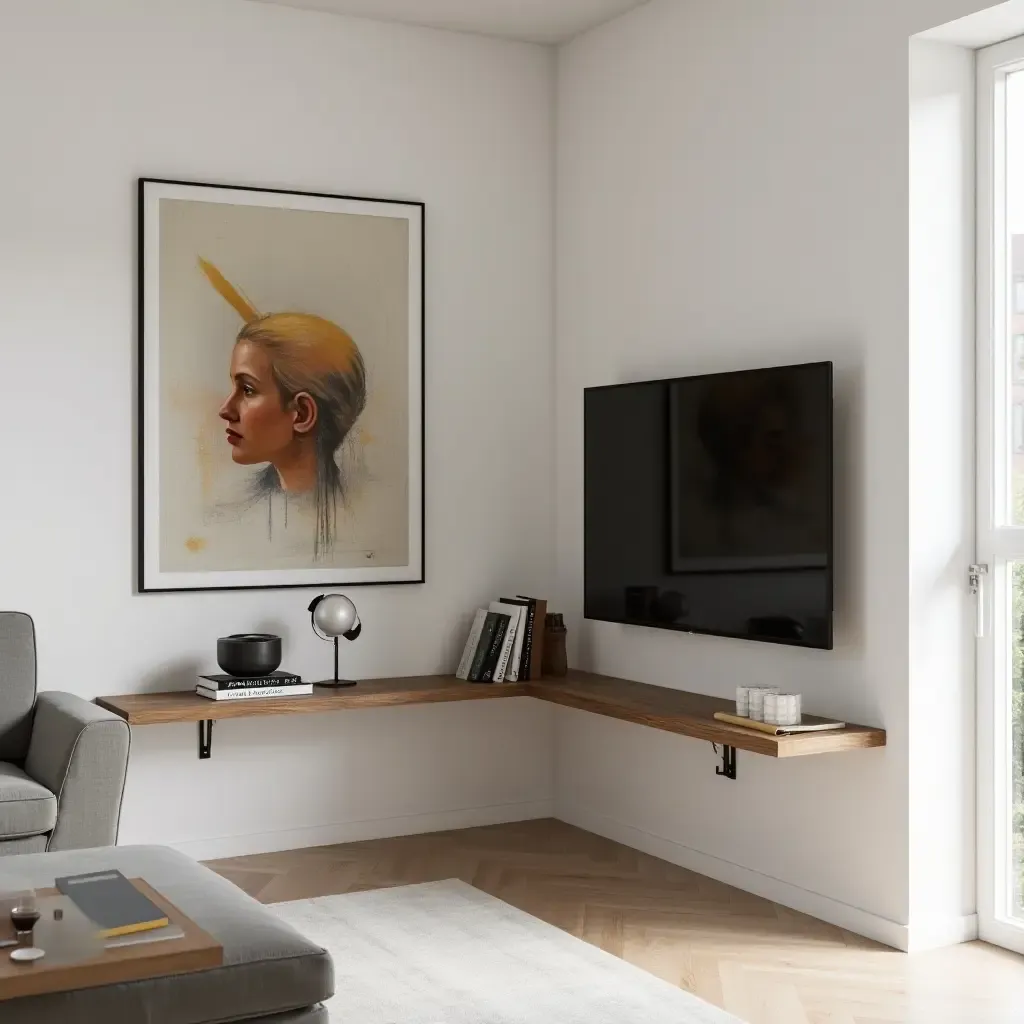 a photo of a corner TV with a floating shelf displaying art and books