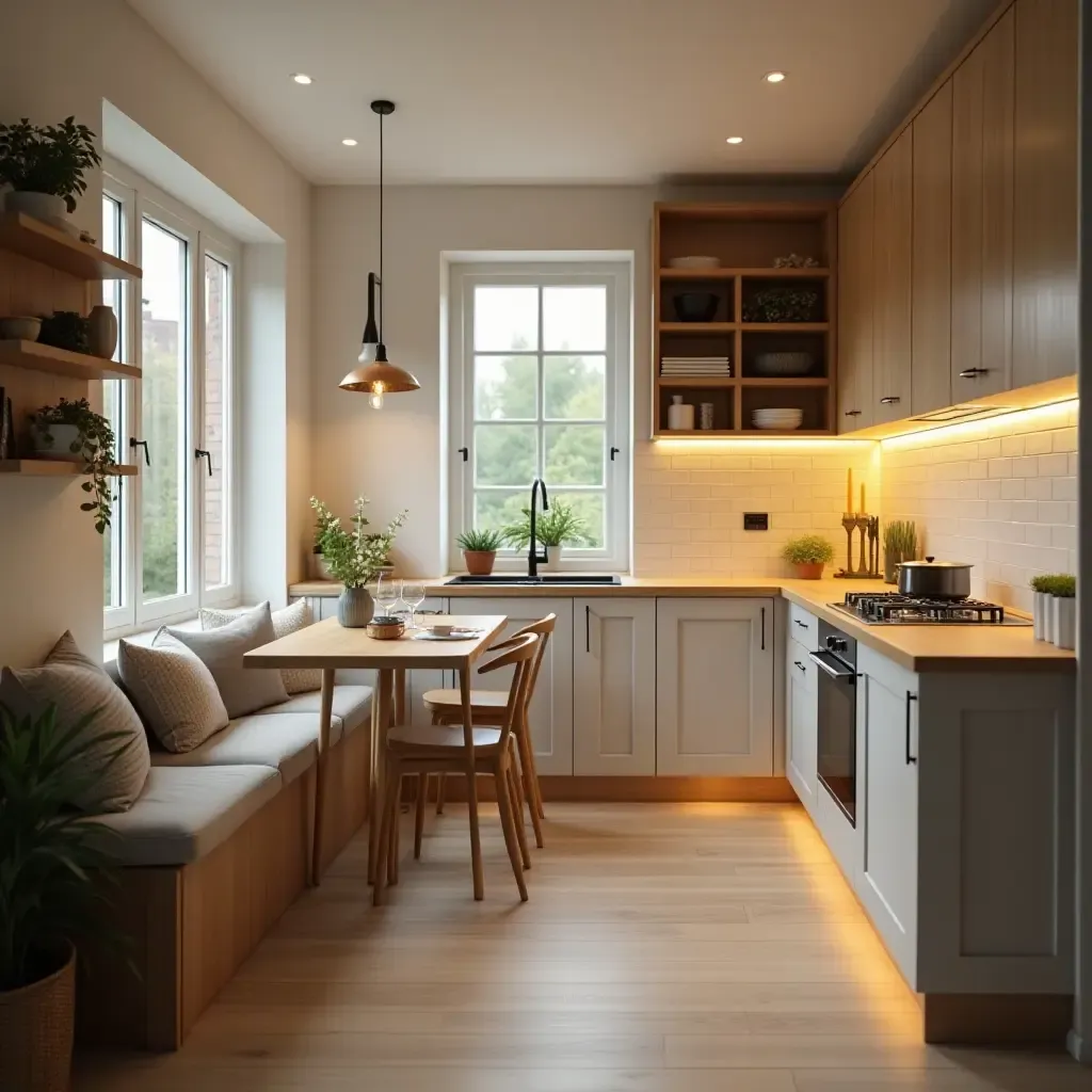 a photo of a cozy kitchen with a small dining nook and soft lighting